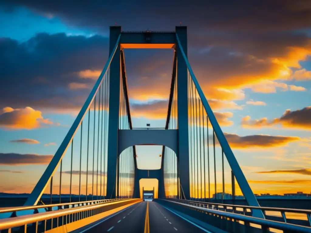 Consejos fotografía puentes smartphone: Puente moderno al atardecer, con cables de acero y reflejo dorado en el río