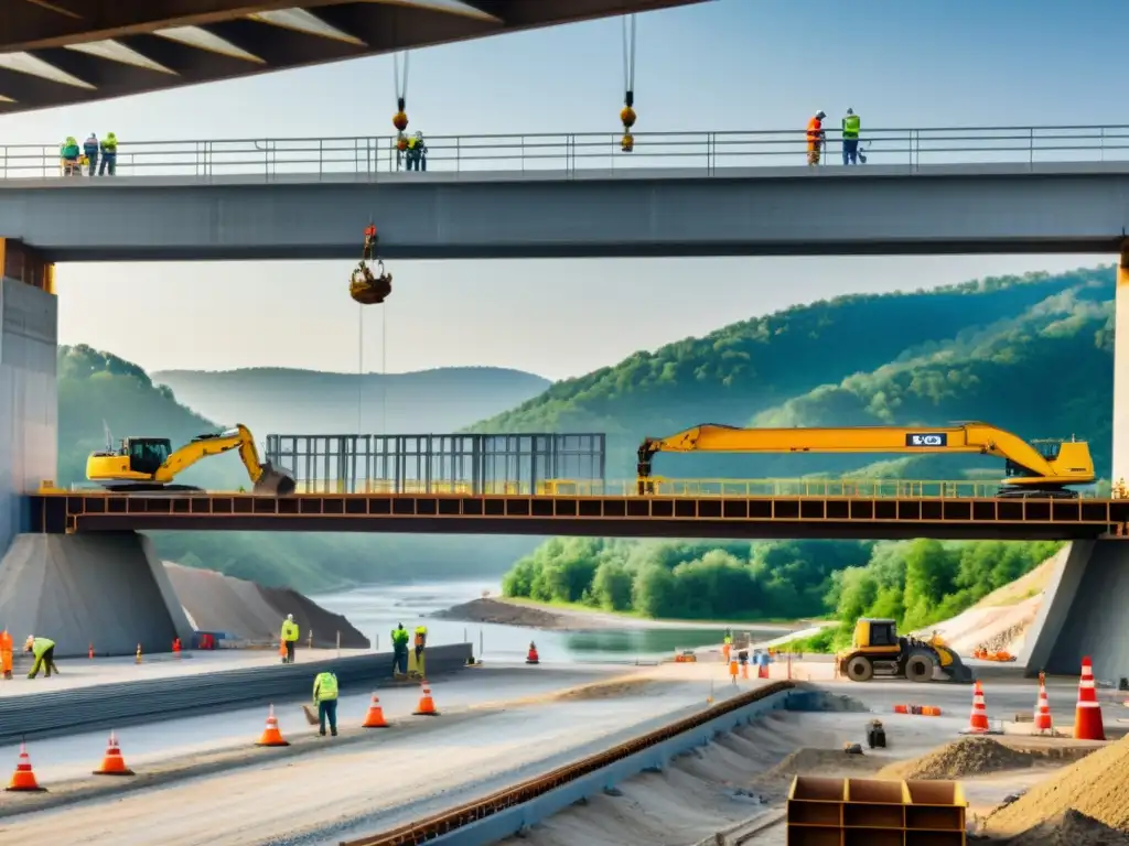 Construcción detallada de un puente con ingenieros y trabajadores ensamblando estructuras de acero