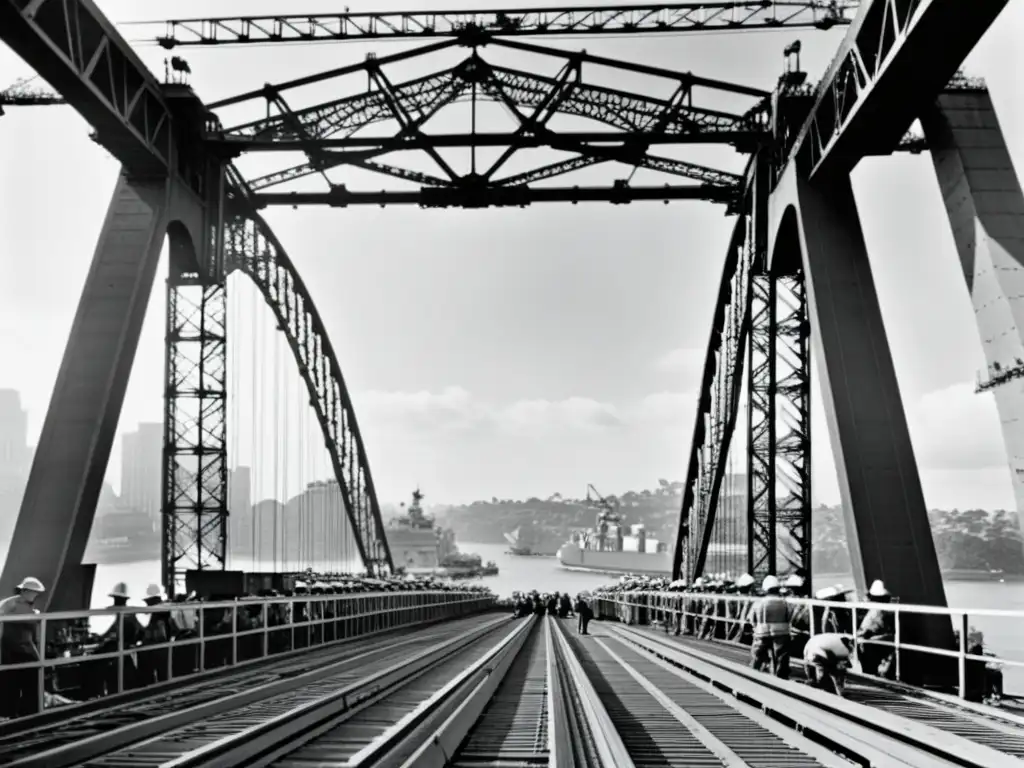 Construcción del Puente Bahía Sídney durante la historia de guerra, obreros en estructura de acero, barcos y aviones militares de fondo