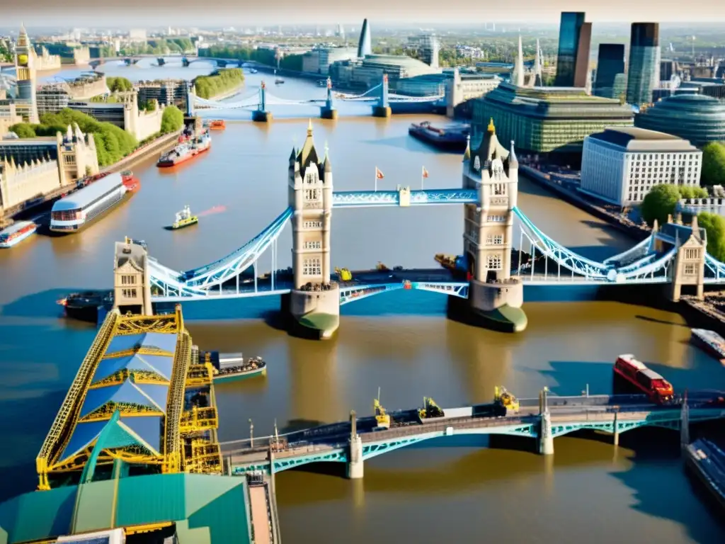 Construcción del icónico Puente de la Torre de Londres, mostrando la meticulosa labor de los trabajadores y la magnitud de la obra