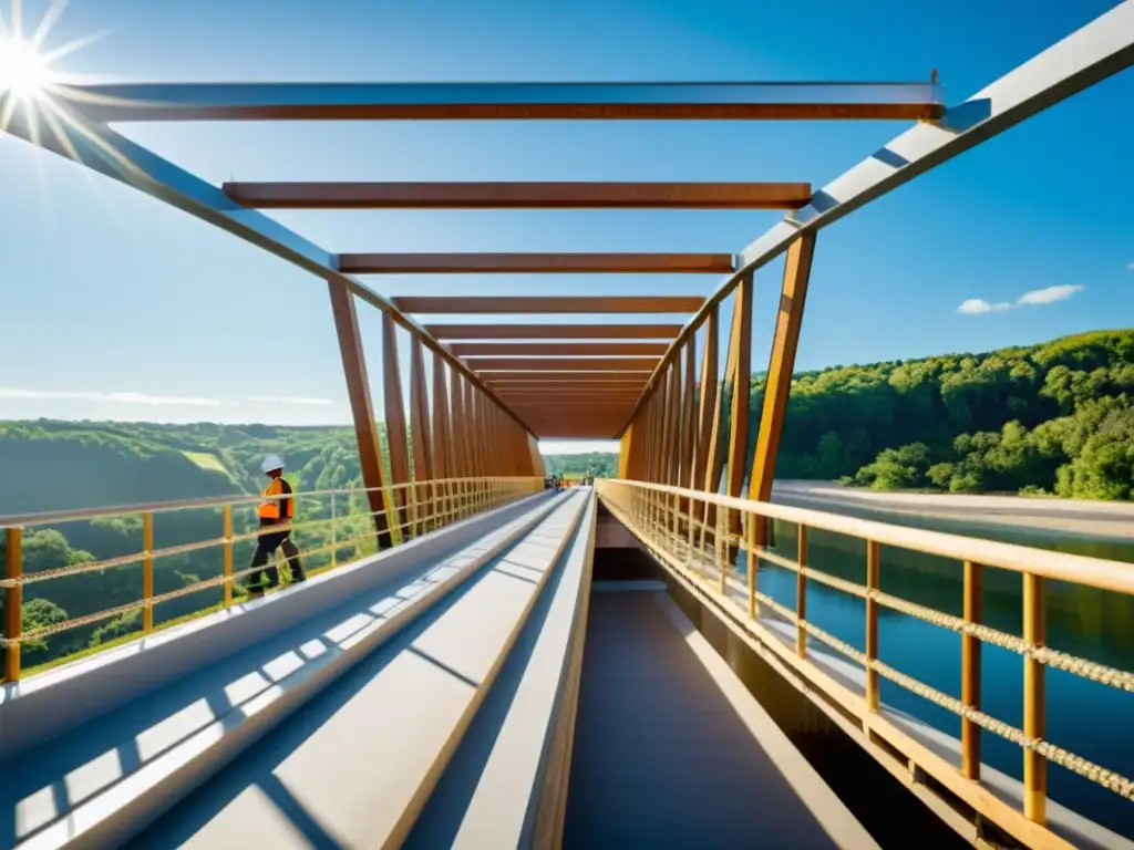 Construcción de puente con biopolímeros, reflejando innovación y armonía entre naturaleza e infraestructura