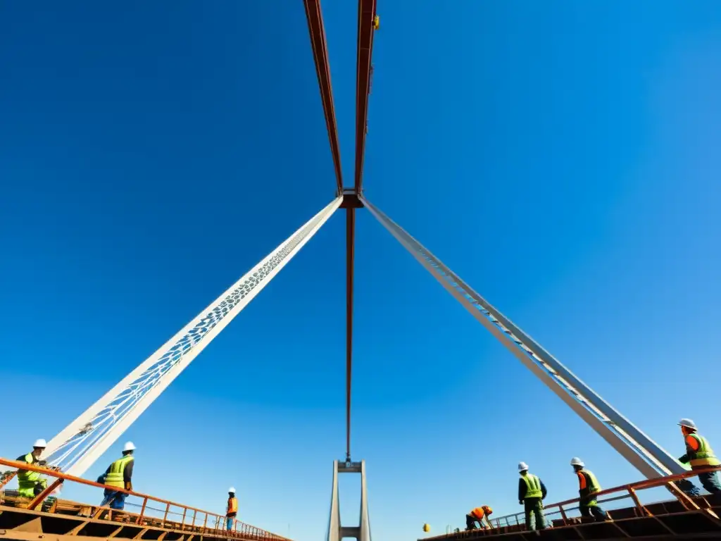 La construcción de un puente emblemático en proceso, con trabajadores ensamblando la estructura de acero, bajo un cielo azul despejado