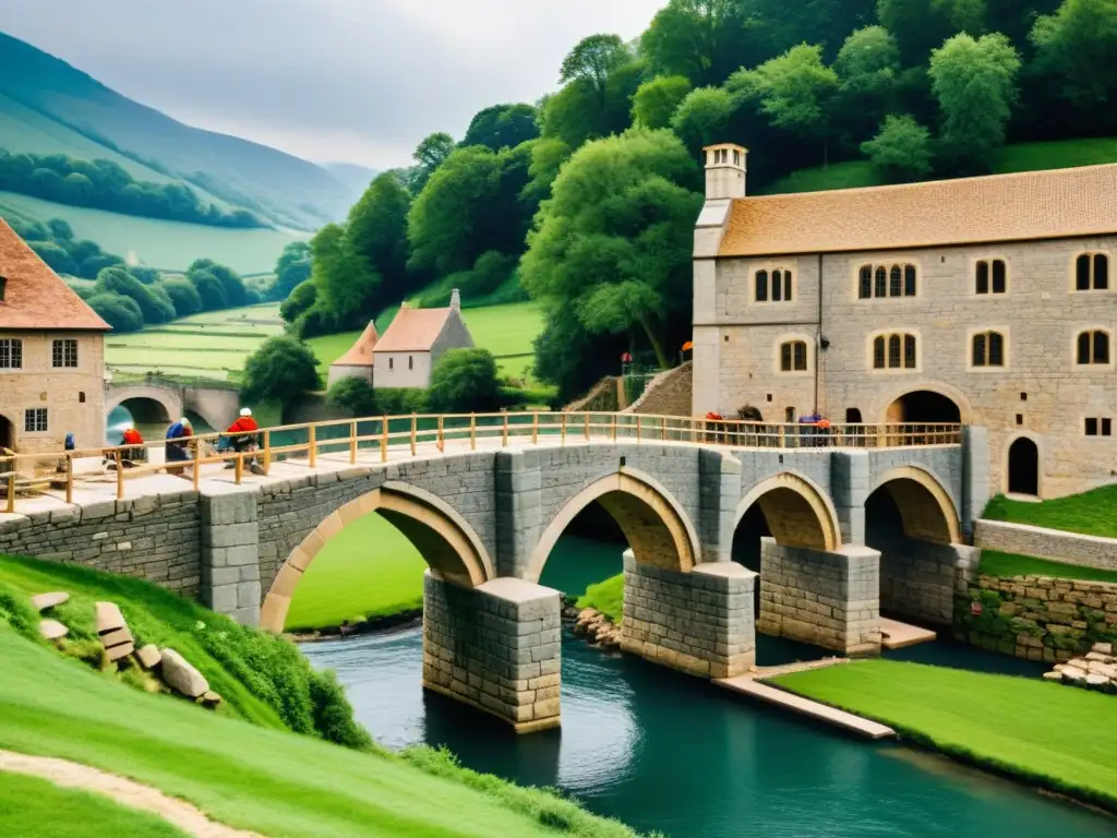 Construcción de puente medieval con obreros usando poleas y cuerdas para levantar bloques