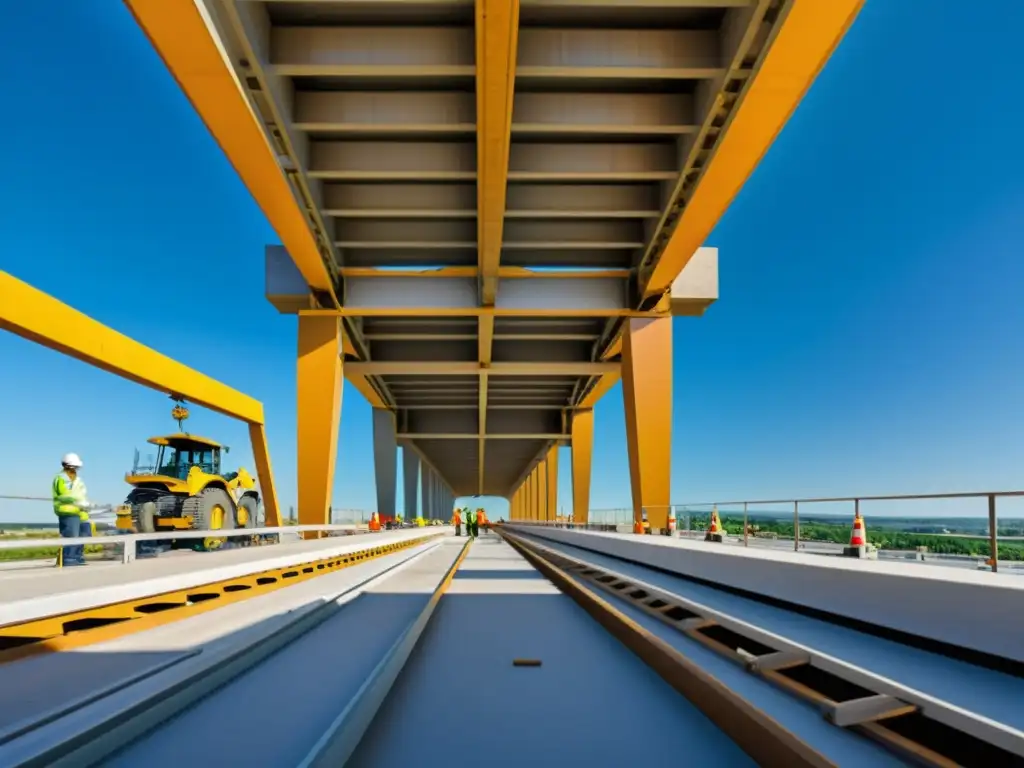 Construcción de puente moderno con obreros y normativas internacionales diseño puentes seguridad