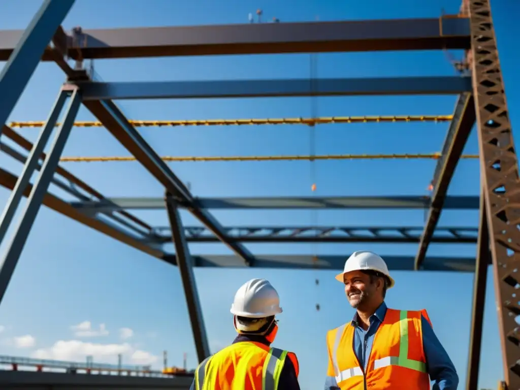 Construcción de un puente moderno con trabajadores en cascos y chalecos de alta visibilidad