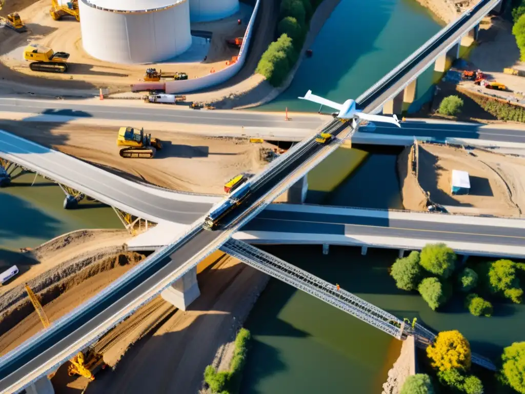 Innovación en la construcción de puentes capturada por un dron, mostrando la integración de tecnología avanzada en la arquitectura