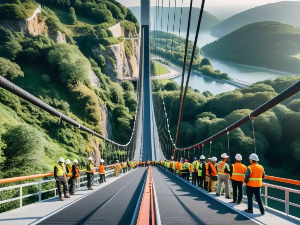 Construcción de puentes colgantes con cables de fibra de carbono: ingenieros y trabajadores ensamblando con precisión