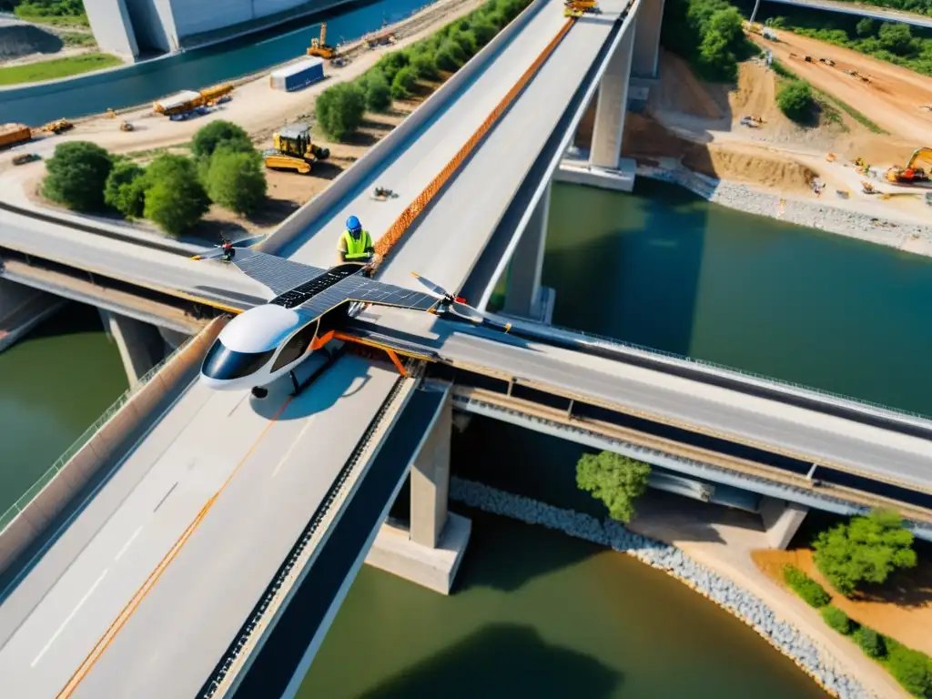 Innovación en la construcción de puentes: drone capturando detalles arquitectónicos durante la construcción