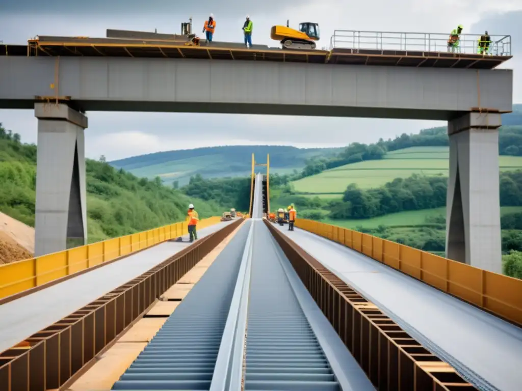 Construcción puentes ecoamigables: Ingenieros y obreros construyen un puente sostenible con materiales reciclados y tecnologías ecoamigables