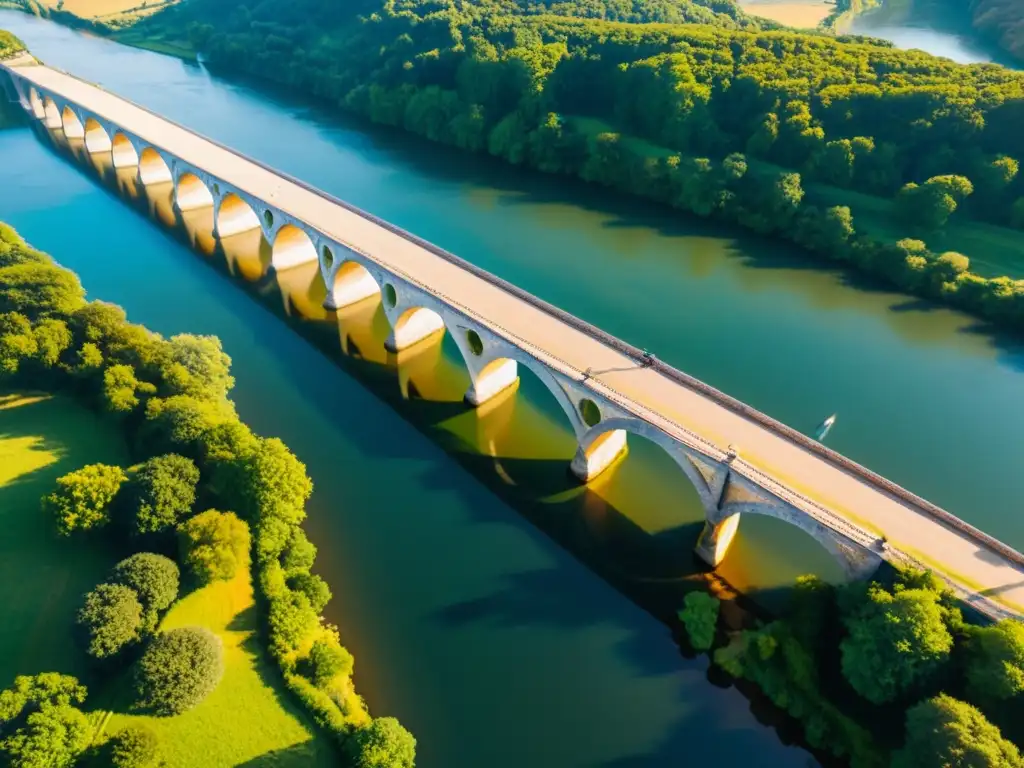 Contribución de drones a puentes: Antiguo puente de piedra sobre río, capturado por drone en su majestuosidad y serenidad matutina