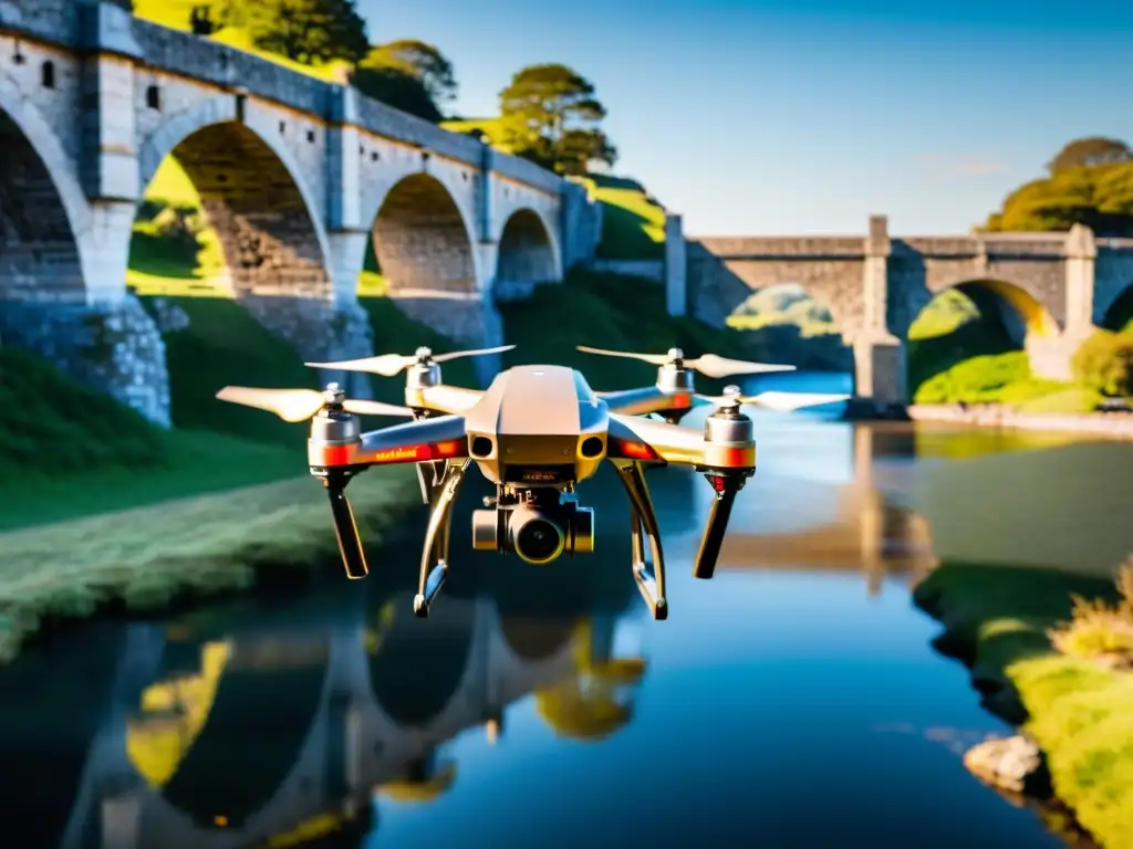 Contribución de drones a puentes: Detalle del drone frente a un antiguo puente de piedra, fusionando tecnología y legado arquitectónico