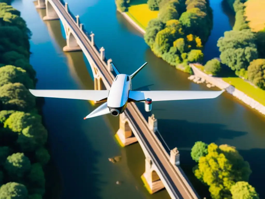 La contribución de drones a puentes: Un dron moderno sobrevuela un puente centenario, capturando detalles arquitectónicos