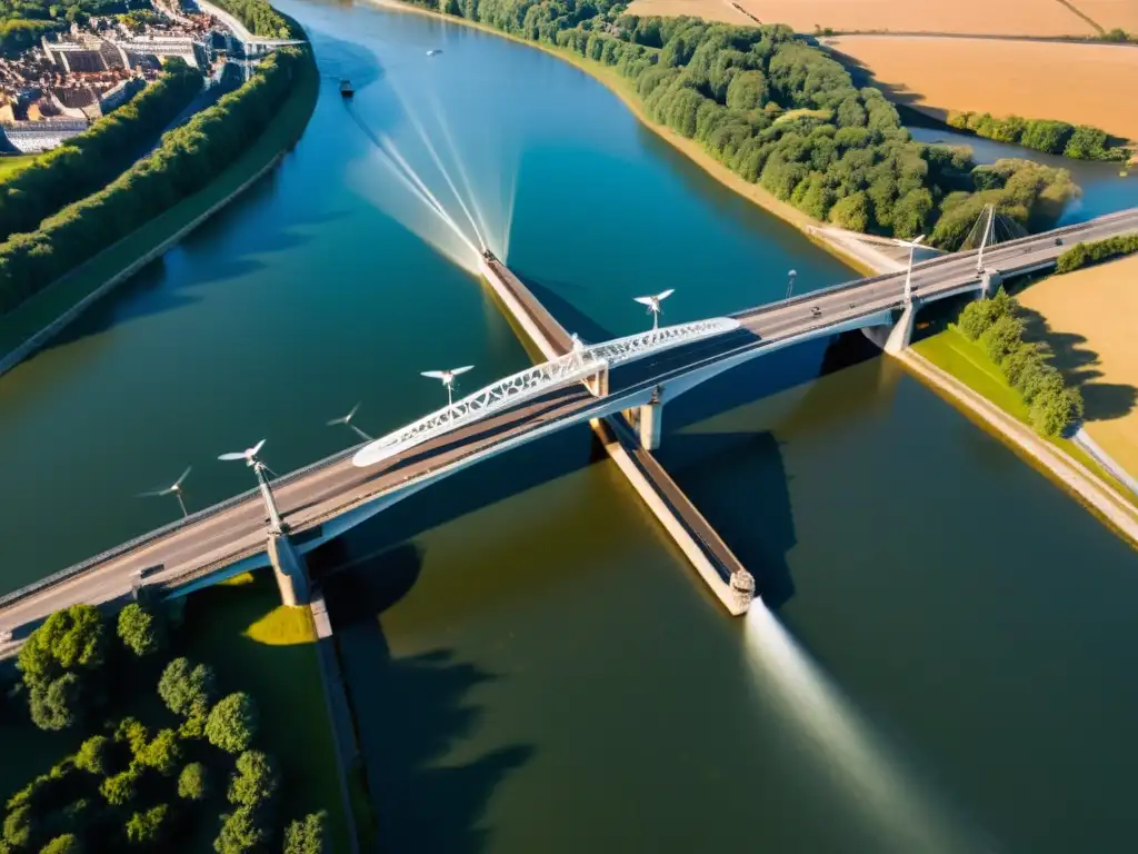 Contribución de drones a puentes: Imagen aérea de un drone sobre un majestuoso puente, resaltando su arquitectura e innovación tecnológica