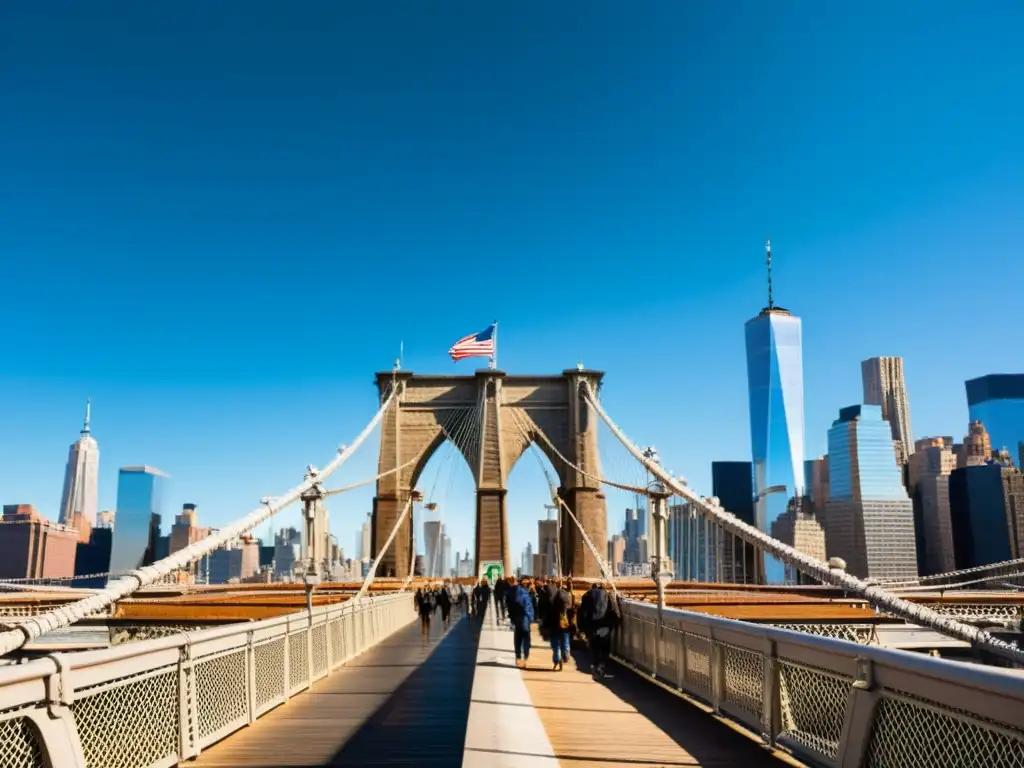 Contribuciones puentes colgantes John Roebling: El majestuoso puente de Brooklyn sobre el East River, con sus detallados cables de acero y las torres de piedra, resalta la genialidad arquitectónica en el bullicio de Nueva York