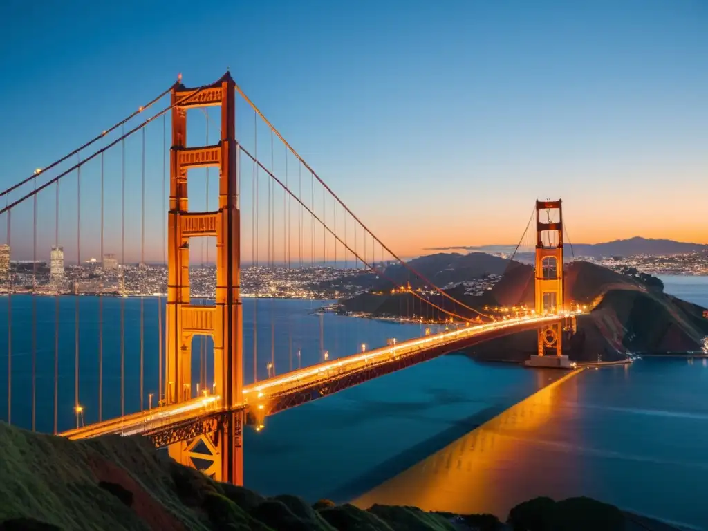 Danzas inspiradas en puentes icónicos: El puente Golden Gate se eleva majestuoso al atardecer sobre la bahía de San Francisco, con sus cables de acero reflejando los cálidos tonos del cielo