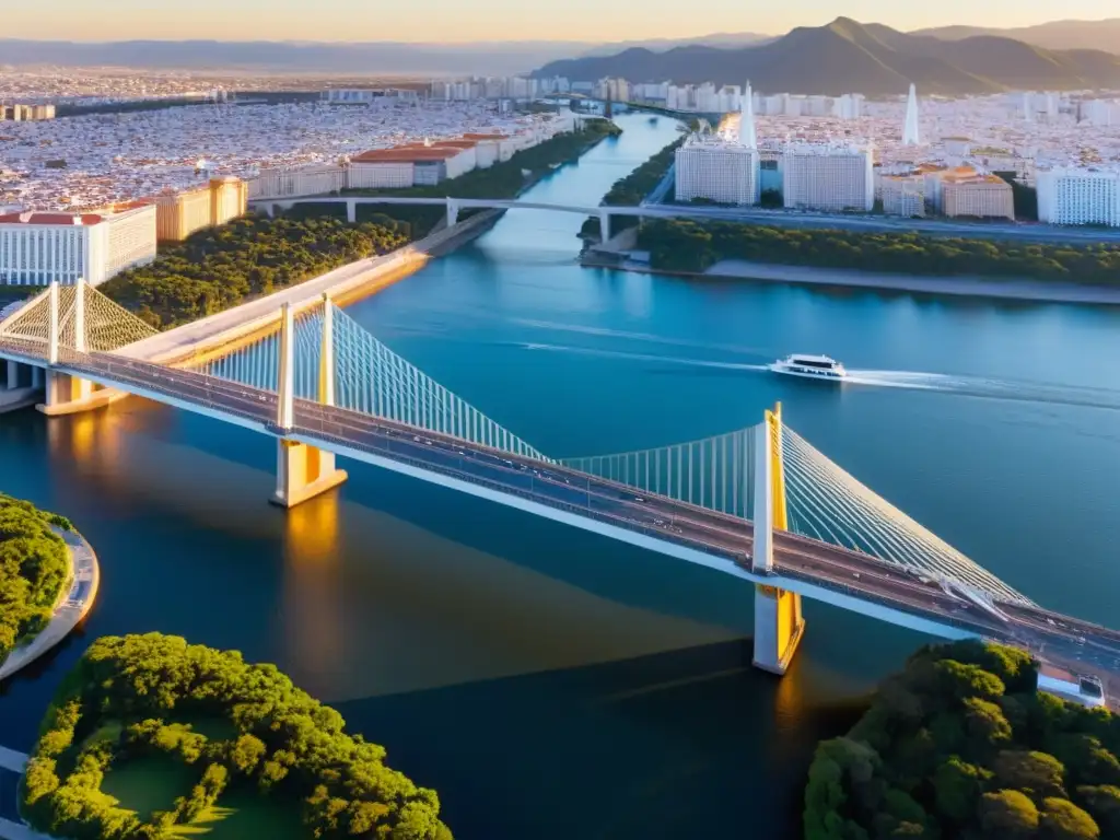 Desfile de moda en el icónico Puente de la Constitución de 1812 al atardecer, fusionando moda y arquitectura