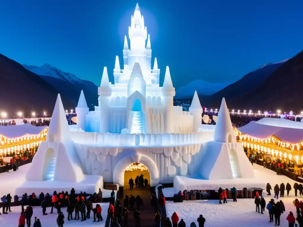 Deslumbrante Festival de Hielo y Nieve Puente Confusión con majestuoso castillo de hielo, esculturas y luces, creando un ambiente mágico inolvidable