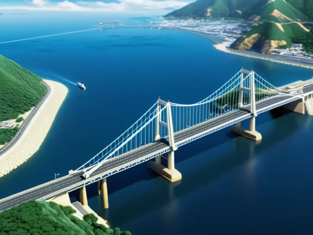 Deslumbrante animación 3D del Puente Akashi Kaikyo resalta su diseño, pilares imponentes y belleza natural circundante