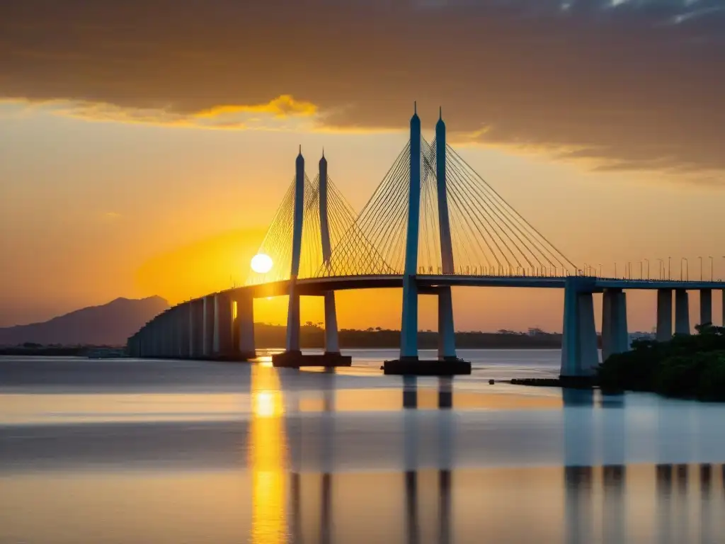 Una deslumbrante fotografía ultradetallada en 8k del Puente sobre el Lago Maracaibo, destacando su majestuosidad, diseño icónico y la historia arquitectónica de Venezuela