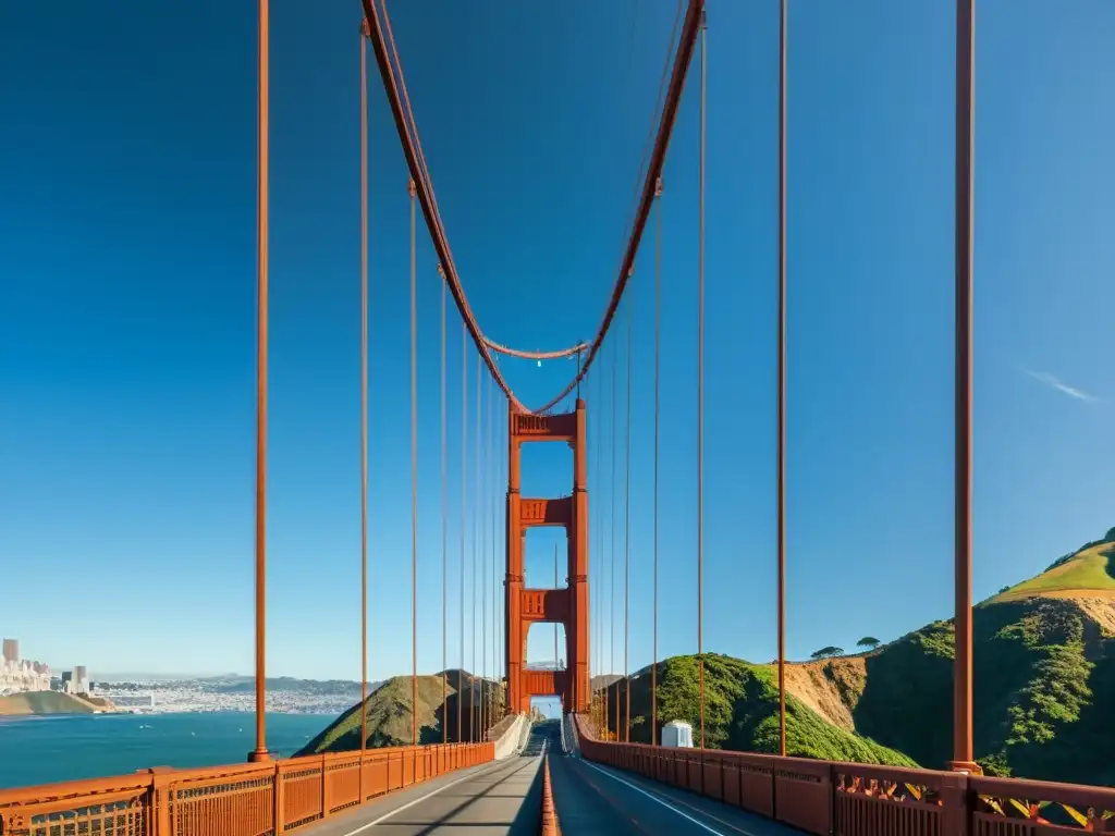 Fotografía detallada en 8k de la icónica arquitectura del Puente Golden Gate en San Francisco, destacando la física de puentes icónicos