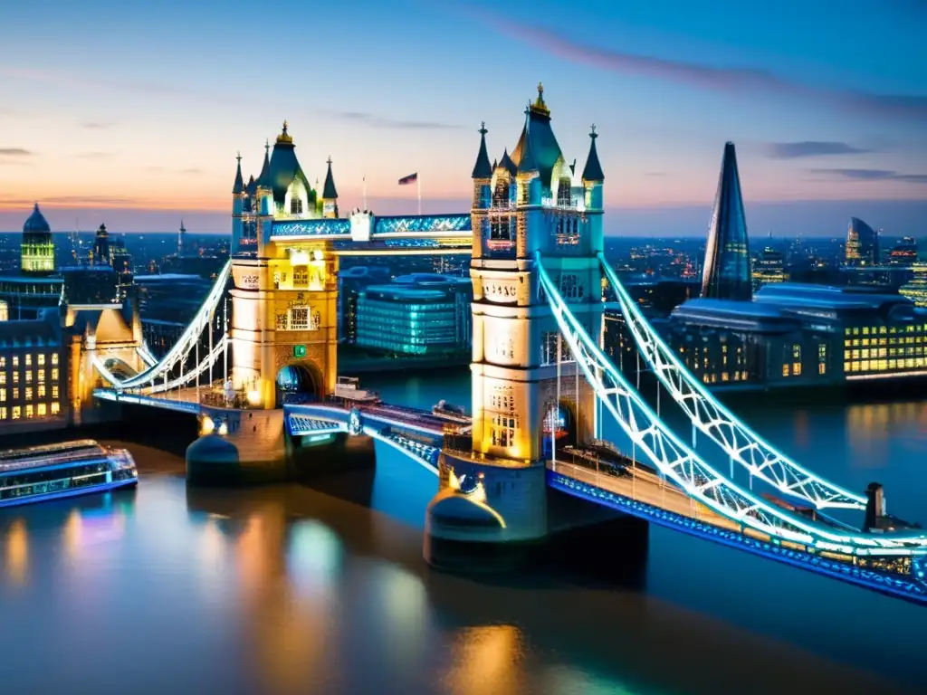 Detallada arquitectura gótica del Puente de la Torre de Londres, con sus torres y puente levadizo, simbolizando la historia y arquitectura de Londres