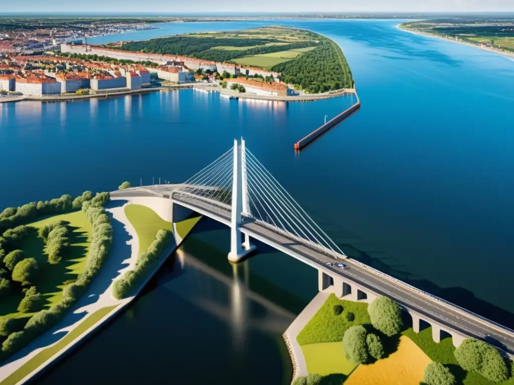 Detallada renderización 3D del Puente Oresund, resaltando su arquitectura y paisaje circundante con tecnología 3D de alta resolución