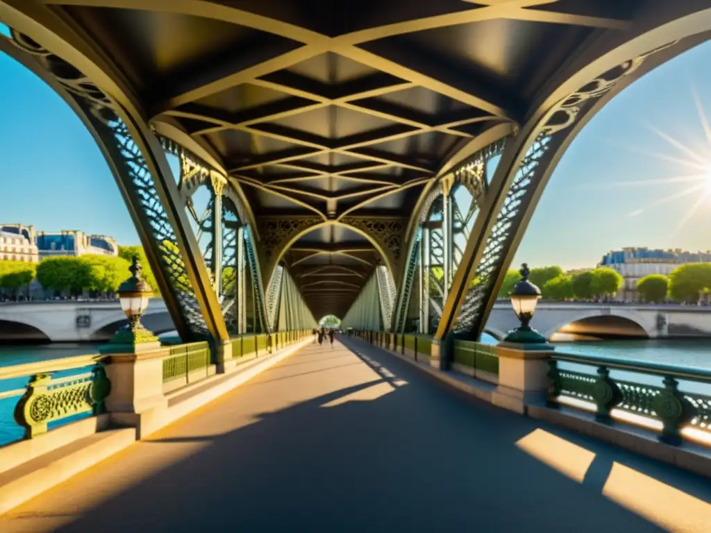 Detallada renderización 3D de la arquitectura del Puente Alejandro III en París, con juego de luces y sombras sobre el río Sena