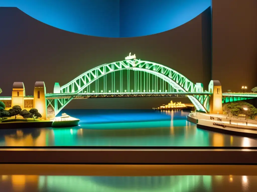 Exposición detallada de la construcción del puente emblemático de Sydney en una sala iluminada