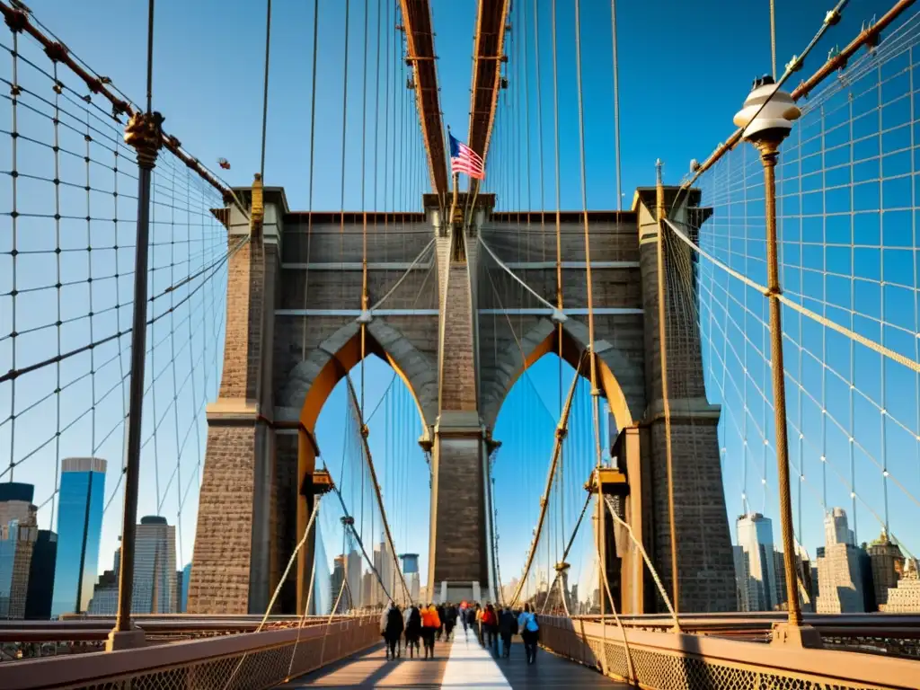 Detallada fotografía de la construcción del puente de Brooklyn, mostrando la intrincada red de cables y vigas de acero