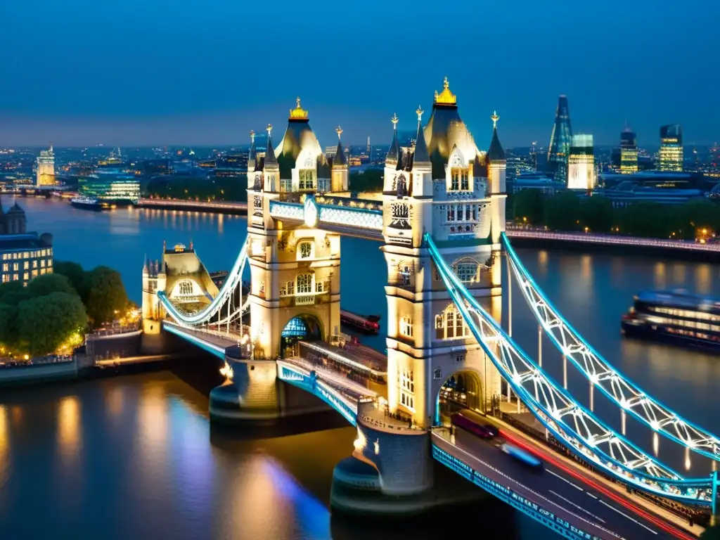 Una fotografía detallada y dramática del icónico Tower Bridge en Londres, resaltando su arquitectura victoriana y su importancia histórica