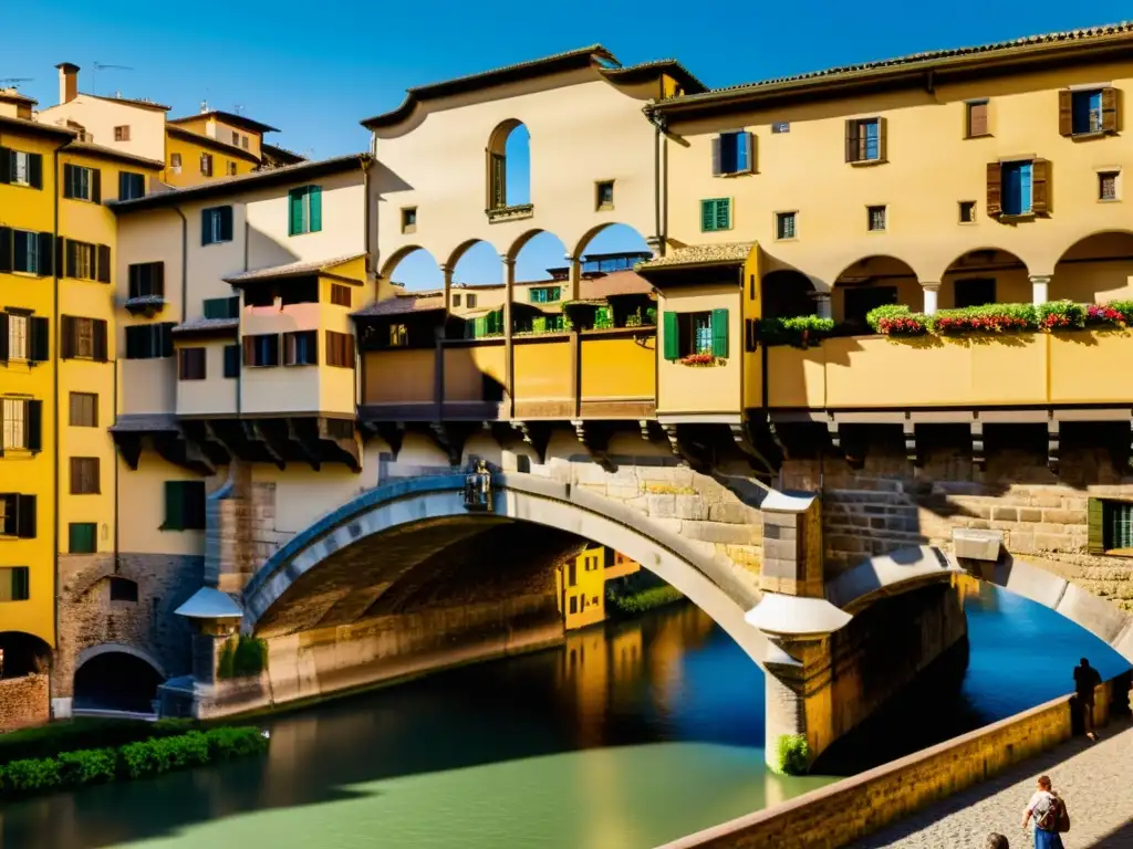 Detallada fotografía de alta resolución de los elementos arquitectónicos del Ponte Vecchio, resaltando su historia, arquitectura y valor cultural