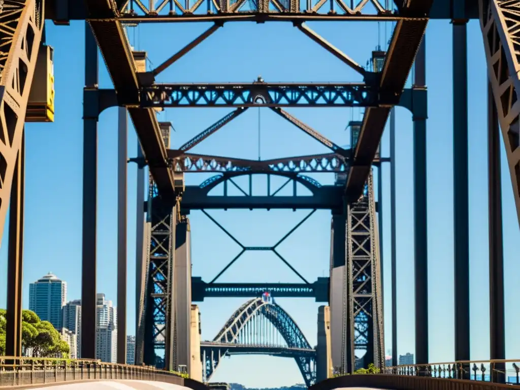 Detallada estructura de acero del Puente de la Bahía de Sydney resplandece al sol, mostrando su ingeniería impresionante