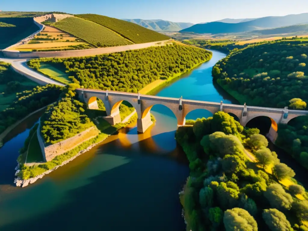 Detallada foto aérea del antiguo Puente de Alcántara en España, capturada con un dron