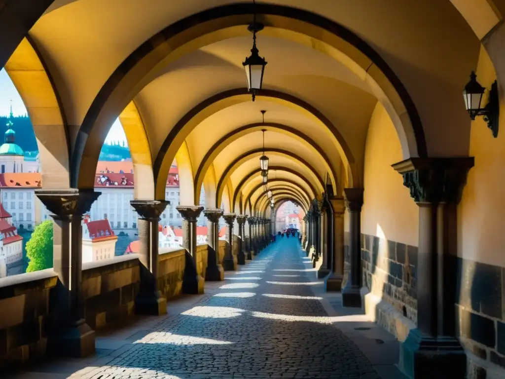 Detallada foto de los arcos y pilares del histórico Puente de Carlos en Praga, destacando su antigua artesanía y atmósfera atemporal