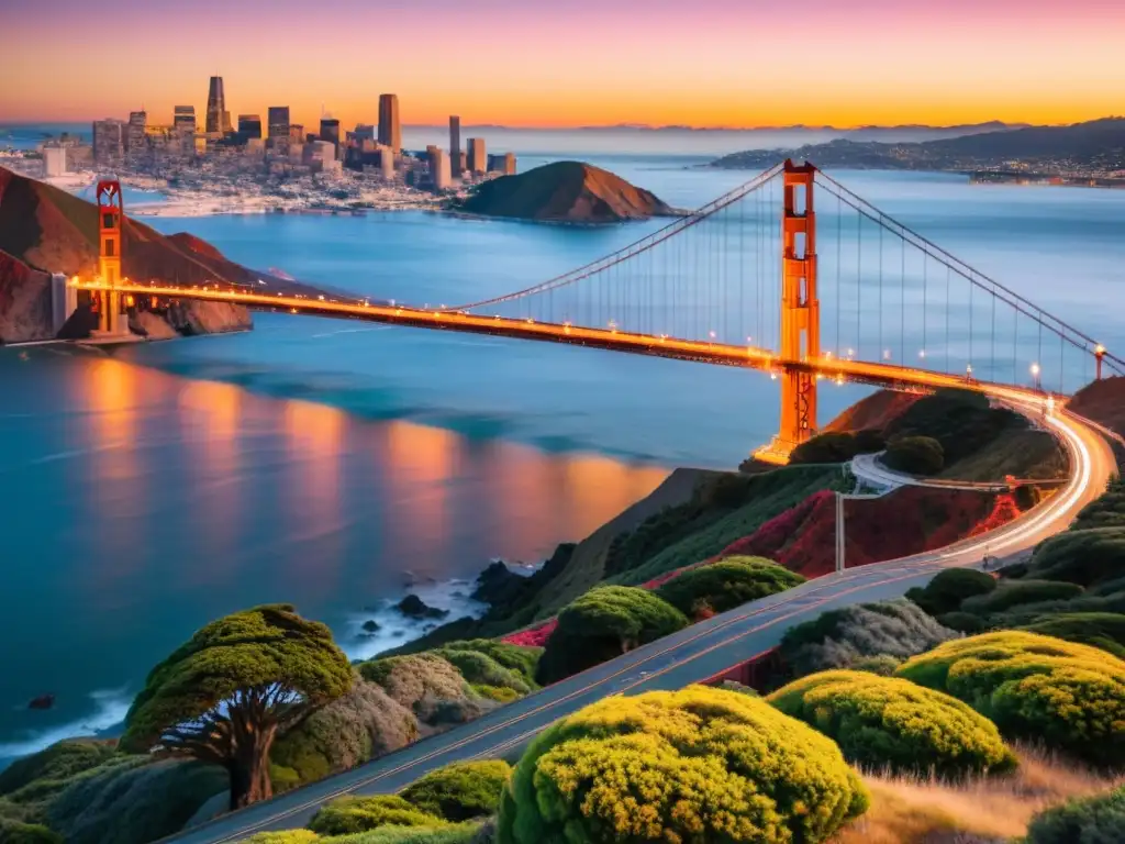 Una fotografía detallada del icónico Puente Golden Gate en San Francisco durante la hora dorada