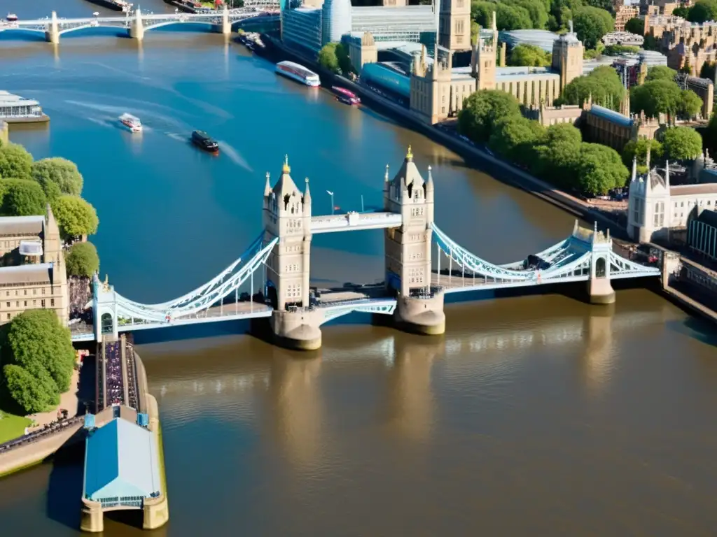 Detallada imagen aérea de la icónica Tower Bridge en Londres y la dinámica de fluidos en puentes en un entorno urbano vibrante