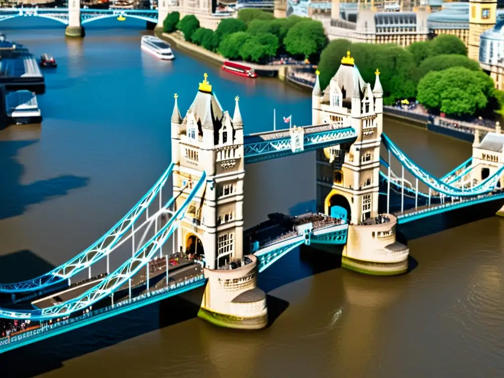 Detallada imagen del icónico Tower Bridge en Londres, resaltando su grandiosidad y complejidad arquitectónica sobre el río Támesis