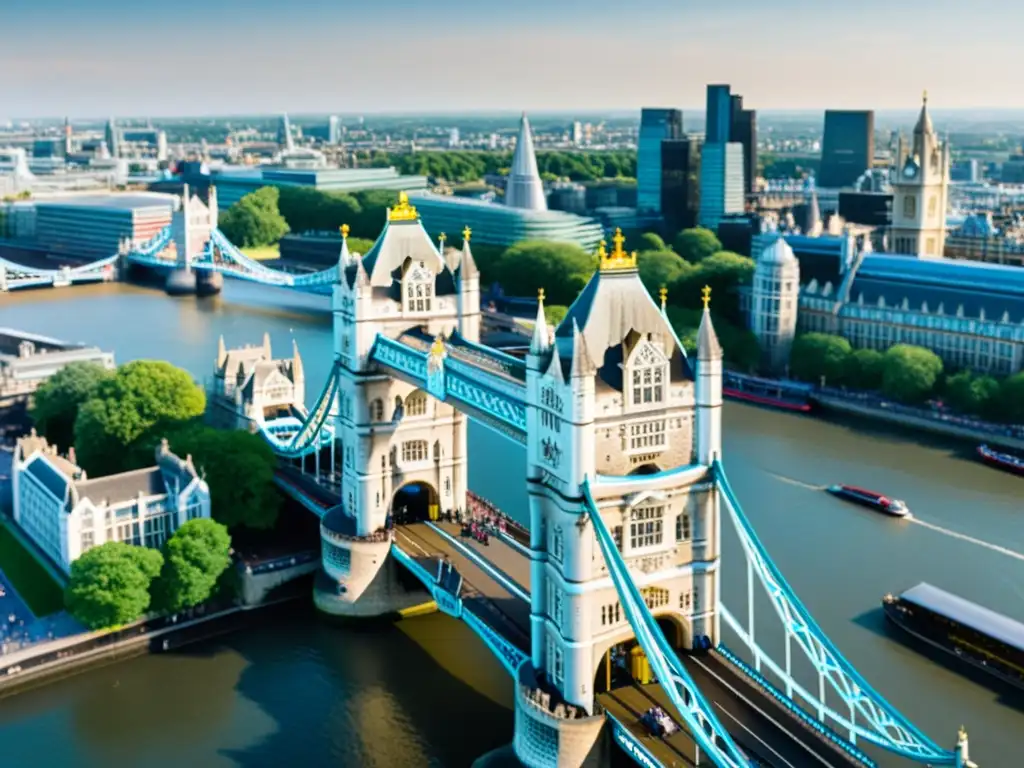 Detallada imagen del icónico Puente de la Torre de Londres, resaltando su arquitectura gótica y su historia cultural a orillas del río Támesis