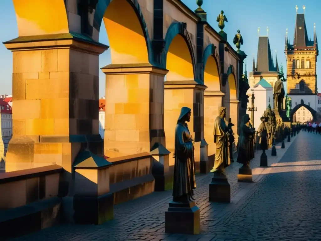 Detallada imagen del Puente Carlos en Praga, con estatuas de piedra que muestran la historia y arquitectura del Puente Carlos al atardecer