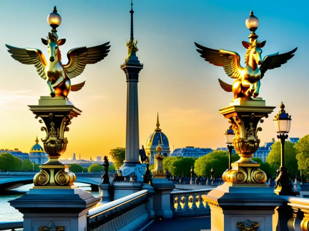 Detallada imagen del Puente de Alejandro III en París, con estatuas doradas y farolas Art Nouveau, resplandeciendo bajo el sol de la tarde