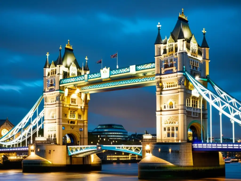 Detallada imagen del Puente de la Torre de Londres, resaltando su arquitectura gótica y su belleza histórica bajo la suave luz del atardecer