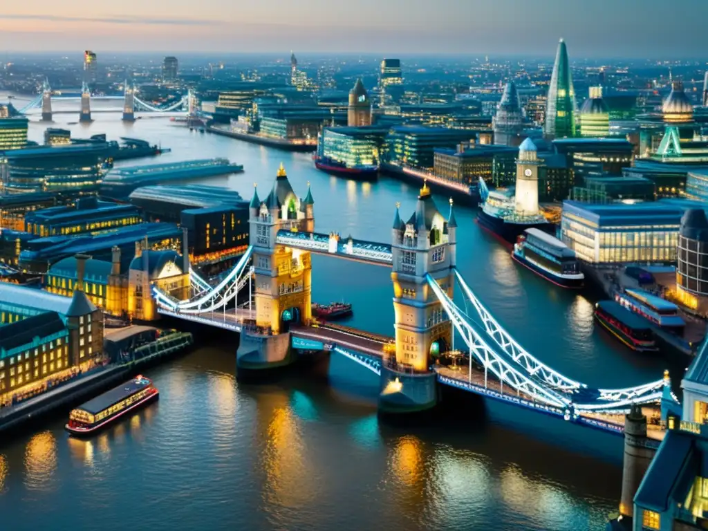 Detallada imagen de la Torre de Londres en la era victoriana, con actividad industrial y calles iluminadas por gas