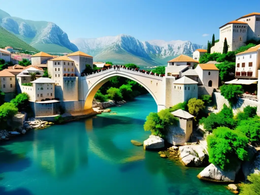 Detallada visualización 3D del Puente de Mostar, con su arquitectura histórica y el paisaje circundante, bañado por la cálida luz del sol