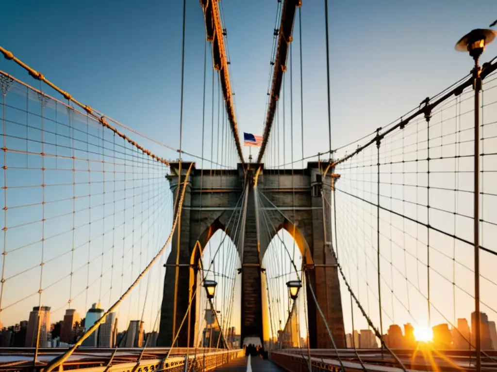 Fotografía detallada del Puente de Brooklyn al atardecer, resaltando su arquitectura icónica y la luz cálida del sol