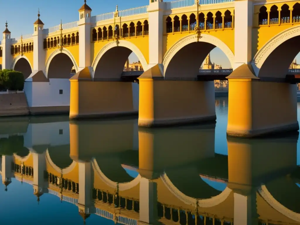 Una fotografía detallada del Puente de Triana en Sevilla, bañado por la cálido atardecer y reflejándose en el Guadalquivir, con personas paseando