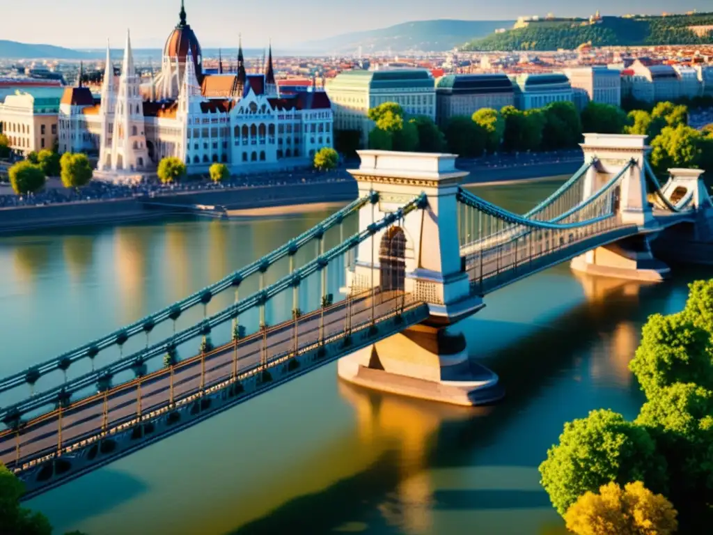 Simulación 3D detallada del Puente de las Cadenas de Budapest con el río Danubio y el Castillo de Buda al fondo