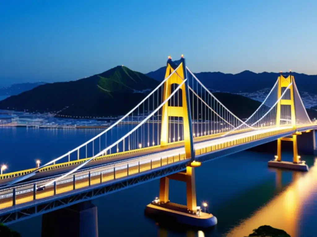 Una detallada animación 3D del Puente Akashi Kaikyo, resaltando su majestuosa estructura y fidelidad visual