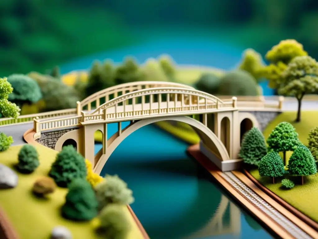 Detalles asombrosos: Miniatura de puente artesanal en alta resolución Detallada fotografía de puente en miniatura modelismo, resaltando la artesanía y realismo de la réplica a escala