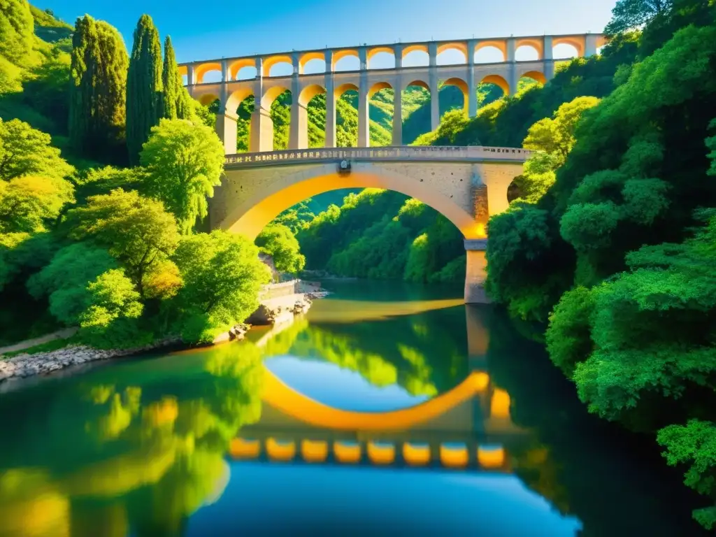 Una fotografía detallada del Puente Rakotzbrücke, envuelto en vegetación exuberante y reflejándose en el agua