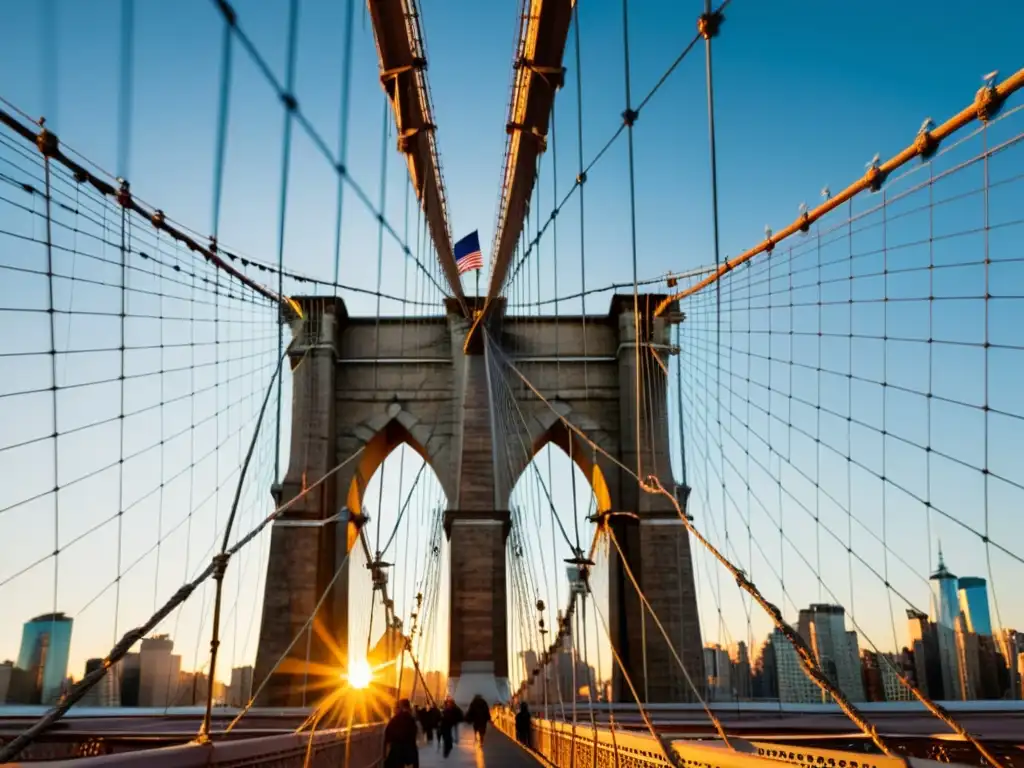 Detallada vista del puente de Brooklyn al atardecer, bañado en cálida luz dorada